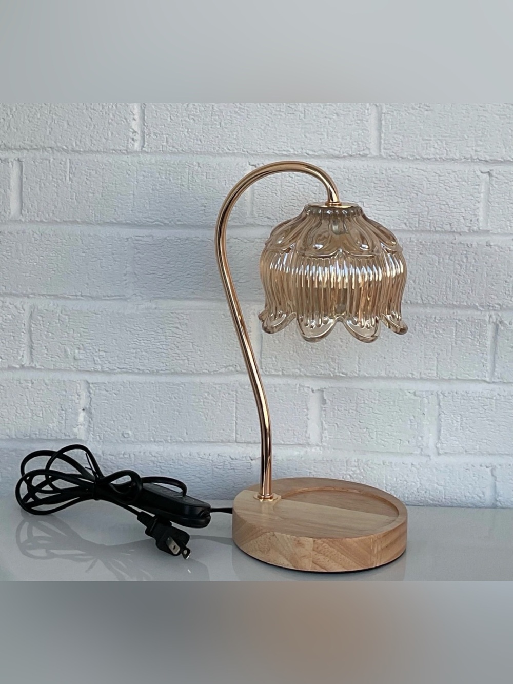 Electric Candle Warmer Lamp Glass Flower Shade Wood Base Dimmable Timer LED